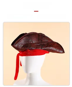 Detail view of pirate hat with vintage brown cracked leather texture and red velvet band