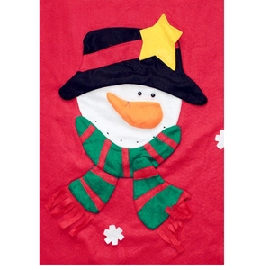 Christmas gift bag featuring red velvet with a snowman applique and striped scarf