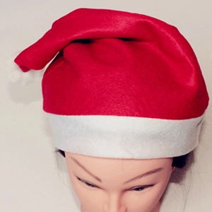 Classic red and white plush Christmas hat for holiday parties on a display head