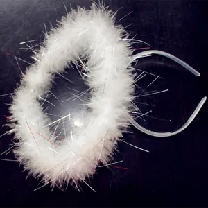 White feather angel halo headband with shimmering tinsel for Halloween party costume decor
