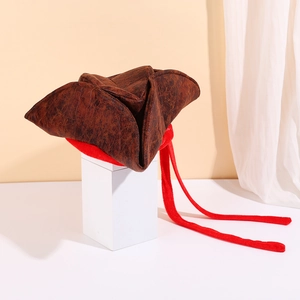 Classic distressed brown pirate tricorne hat with red suede lacing for costume parties