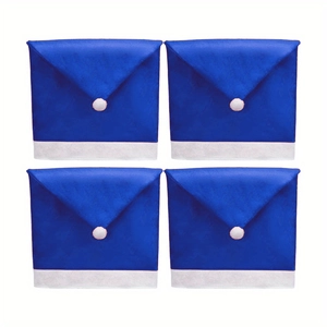 Set of four blue non-woven Christmas chair covers with white pom-pom and trim details