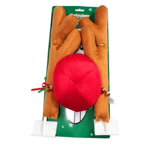 Detail of reindeer car kit with brown plush antlers and red nose on display card