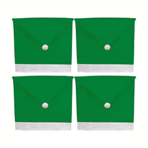 Set of 4 dark green non-woven Christmas chair covers with white faux fur trim and pompoms