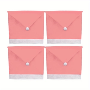 Detailed set of 4 pink envelope-style chair covers with festive white pompoms and trim