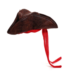 Classic brown tricorn pirate hat with red velvet ribbons for Halloween cosplay costume