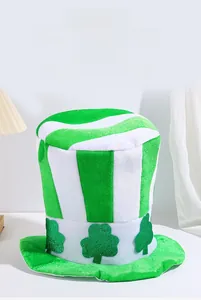 Close-up of Saint Patrick's Day top hat with green white stripes and glittery shamrock