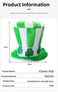 Detail of St. Patrick's Day green and white striped velvet hat with shamrock sequins