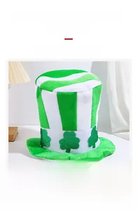 Detail of St. Patrick's Day green velvet top hat with striped design and shamrock patterns