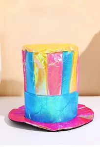 Detail of colorful clown top hat made of shiny laser fabric for Halloween parties