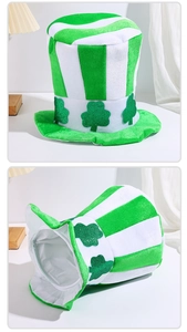 Close-up of a striped St. Patrick's Day top hat with green glitter shamrock patterns