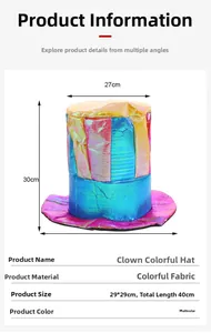 Detailed dimensions of the colorful circus clown top hat in iridescent fabric material