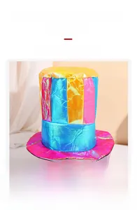Macro detail of the iridescent clown top hat made of shiny metallic colorful fabric