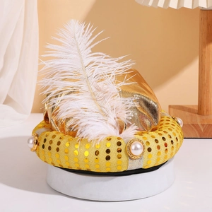 Exotic Arabian gold turban hat with bright yellow sequins and a large white feather decoration