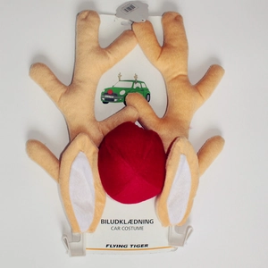 Detailed view of the yellow plush reindeer antlers and red nose car decoration kit