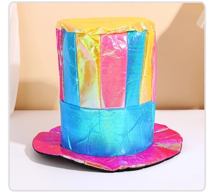 Close-up of a colorful striped circus clown top hat with shiny metallic fabric for cosplay