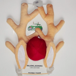 Christmas car reindeer antler decoration set with plush brown antlers and a red nose on card