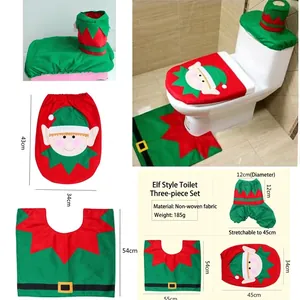 3-piece Christmas elf toilet seat cover set with floor mat and water tank cover decorations
