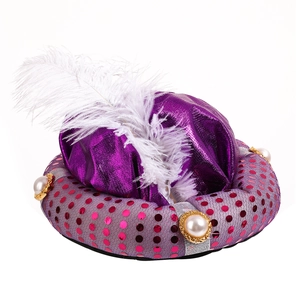 Exotic Aladdin style purple satin party hat with white feather and sequins for costume events