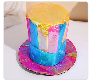 Close-up of a colorful circus top hat with rainbow metallic reflective fabric textures