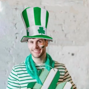 Green and white striped St. Patrick's Day top hat with shamrock pattern and fuzzy scarf