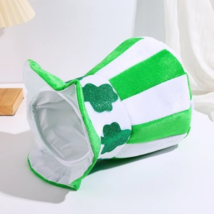 Green and white striped plush St. Patrick's Day top hat with sparkling shamrocks