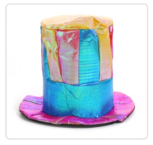 Close-up of laser holographic clown top hat with colorful iridescent fabric texture