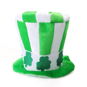 St. Patrick's Day top hat with green and white stripes and glitter shamrock details