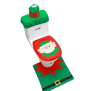 Christmas Elf toilet seat cover set including rug and tank lid decor in red and green