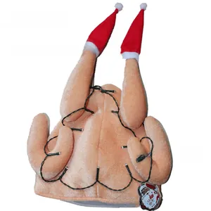 Detail of plush turkey hat with festive LED lights and mini Christmas hats for party props