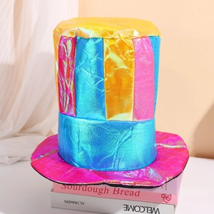 Colorful circus clown party hat with metallic rainbow panels for Halloween cosplay