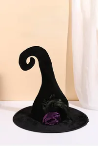 Detail of a spiral curved black velvet witch hat with purple roses and black feathers