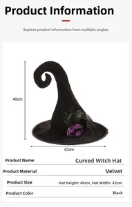 Detail view of black velvet witch hat with purple rose and feather, measuring 40x42 cm