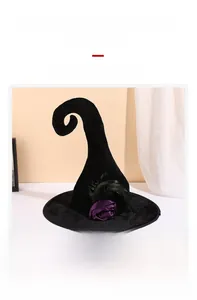 Detail of curly witch hat with purple silk roses and black feather trim