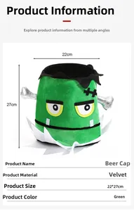 Detailed view of green Frankenstein velvet hat with dimensions and silver bolt details