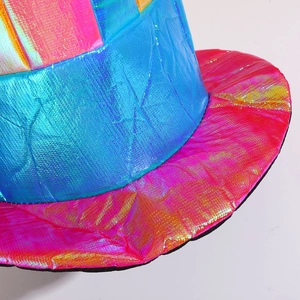 Holographic clown top hat in bright blue and magenta for Halloween cosplay costumes