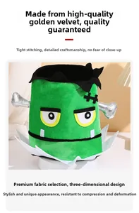 Detail of green velvet Frankenstein storage bucket with silver bolts for party decor