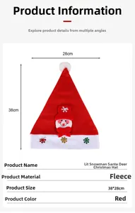 Leuchtende Weihnachtsmütze mit Schneemann-Stickerei aus weichem Fleece, Maße 38x28cm