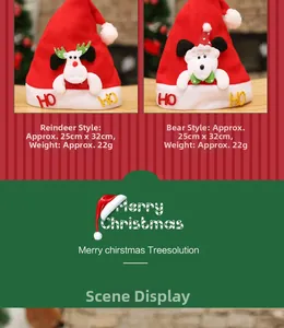 Detail of reindeer and bear Christmas hats showing 25x32cm dimensions and HO text