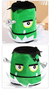 Detail of Frankenstein monster gift bucket with soft green felt and silver bolt accents