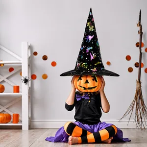 Kids Halloween witch costume set featuring a pointed hat, purple tutu, and striped tights