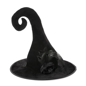 Black spiral witch hat with velvet texture, feathers and a satin rose for Halloween
