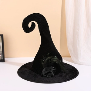 Black velvet witch hat with curved top, artificial rose, and feathers for Halloween costume