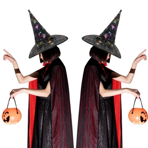 Halloween wizard costume set with black pointed hat, hooded cloak and pumpkin lantern
