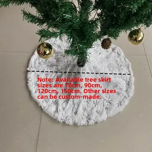 Detailed view of white faux fur Christmas tree skirts with silver sequin snowflakes
