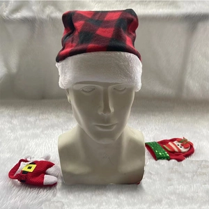 Classic red and black buffalo plaid Christmas hat with thick white plush brim for adults