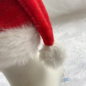 Classic plush red and white Christmas hat with gold shimmering wire and soft pompom