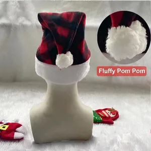 Classic red and black plaid Christmas hat with a fluffy white plush brim and pom-pom detail