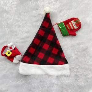 Classic red and black buffalo plaid Christmas hat set with soft plush trim and festive ornaments