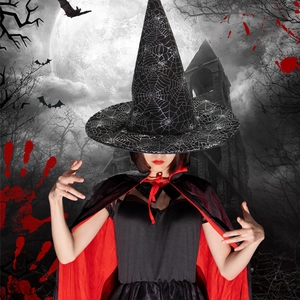 Halloween Witch Hat Black Fabric Silver Spiderweb Pattern Pointed Wizard Hat Costume Cosplay Party Headwear Accessory